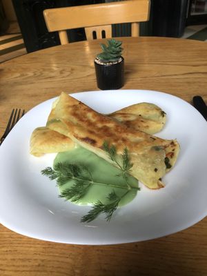 Spinach and tofu cheese crepes   at Vilties Vaistinės Arbatine in Kaunas