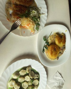 Wheat cutlet, pancake with mushroom and mushroom dumplings    at Vilties Vaistinės Arbatine in Kaunas