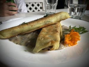 Mushroom crepes. Loved the sauce.  at Vilties Vaistinės Arbatine in Kaunas