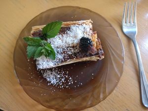 Vegan Cake with dates, puff pastry and cocos flakes at Vilties Vaistinės Arbatine in Kaunas