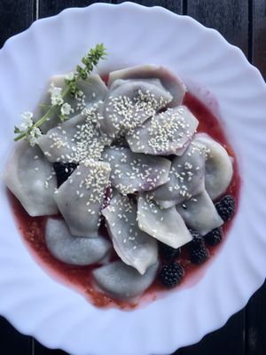 Dumplings with blackberries at Vilties Vaistinės Arbatine in Kaunas