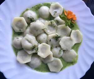 Dumplings with pumpkin and spinach  at Vilties Vaistinės Arbatine in Kaunas