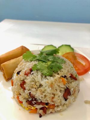 fried rice with 2 spring rolls at E-PACS Vegan Cafe in East Tamaki