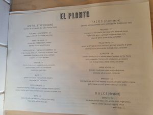 Menu at El Planta in South Brisbane