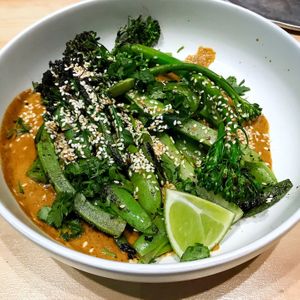 Mixed greens with mole sauce - this was nice but our least favourite dish. The giant stalks of broccolini were hard to cut and eat haha at El Planta in South Brisbane