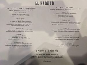 Menu as at August 2022 at El Planta in South Brisbane