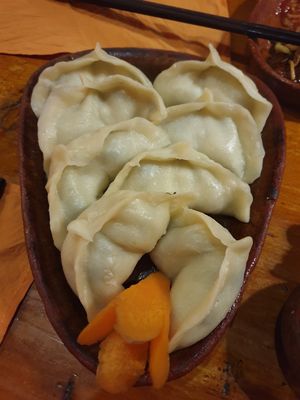 Spinach and tofu vegetarian momo at House of Shambhala in Tibet
