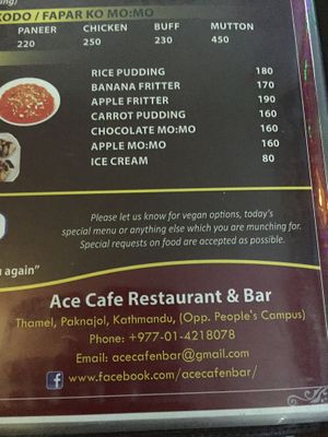 Menu at Ace Himalayan Cafe Restaurant & Bar in Kathmandu