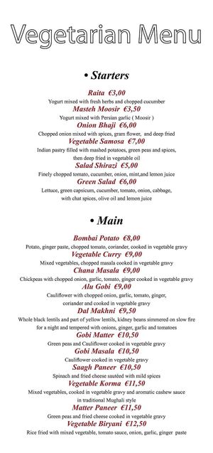 Vegetarian menu  at Saffron in Rhodes