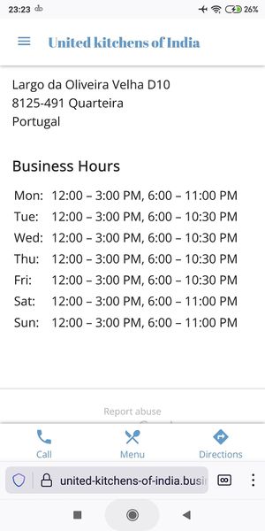 Updated hours from the resturant website October 2021 at United Kitchens of India in Vilamoura