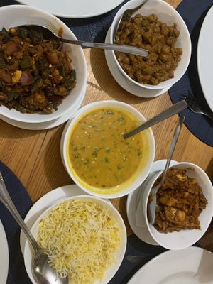 Chana masala, red lentils, okra, jack fruit &plain rice   at United Kitchens of India in Vilamoura