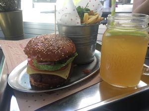 Limonade, fried potatoes, no’ muh burger at What's Beef in Frankfurt