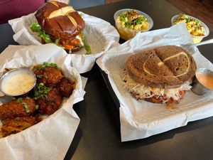 BBQ Wingz, Buffalo Chikun Sandwich, Reuben, Mac and Cheeze (aka the best meal of our lives) at Seitan's Realm in Columbus