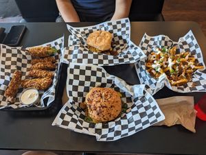 The Boss, Jalapeno poppers, loaded fries and BBQ sandwich  at Seitan's Realm in Columbus