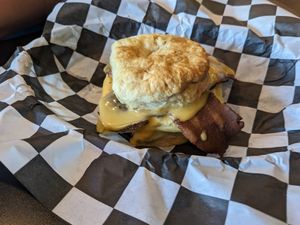 Bacon, egg, and cheese (subbed on a biscuit) at Seitan's Realm in Columbus