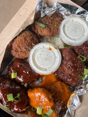 vegan wing fllight: BBQ, Buffalo, General Tso's, and Garlic Parmesan
 at Seitan's Realm in Columbus