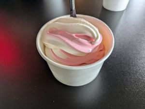 Vanilla and strawberry dole whip swirl at Seitan's Realm in Columbus