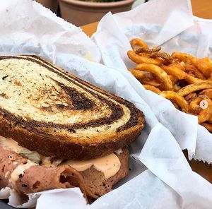 Reuben and Curly Fries at Seitan's Realm in Columbus