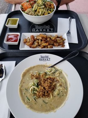 Love Life Salad, Herb Potatoes & Zucchini Alfredo! at Love Life Cafe in Miami Beach