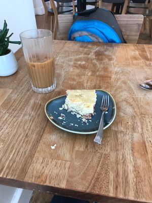 Vegan bakewell and iced coffee with soy  at The Mitre in Norwich