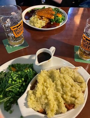Vegan Bangers and Mash (top) 
"Shepherdless" Pie (bottom) at Crown & Anchor in Winchester