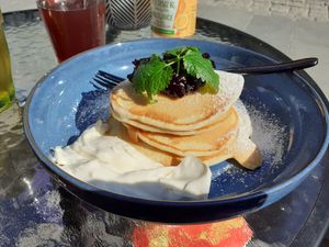 Pancakes with blueberry marmalade and citrone cream. at FRØ in Tromsoe
