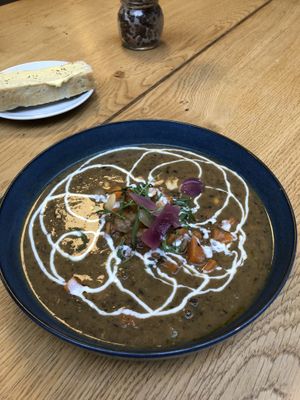 Creamy mushroom soup with sweet potato, onion and roasted cashews 🍲🍠 at FRØ in Tromsoe