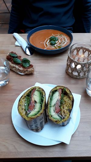 Vegetables waffle sandwich and tomato soup with tomato pesto at FRØ in Tromsoe