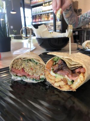 Crab cake burger (left) / smoked maple tempeh (right) both on spelt wraps    at Copper Branch - 16th Ave in Calgary