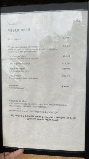 Vegan menu  at Paradiso in Zwolle