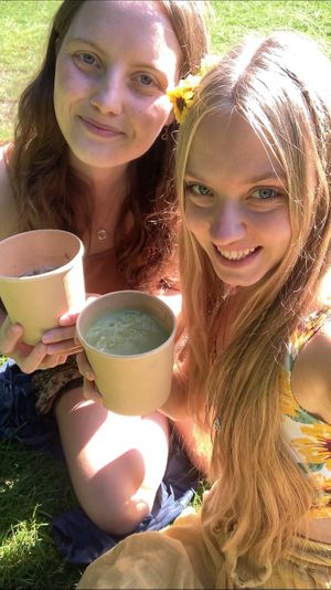 Take away smoothie bowls (green in the picture) to nearby park. at ÆNDRÈ in Hamburg