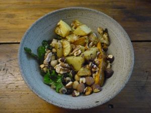 Small bowl with lentils, chickpeas, cilantro, nuts, potatoes and sweet potatoes- very delicious !  at ÆNDRÈ in Hamburg