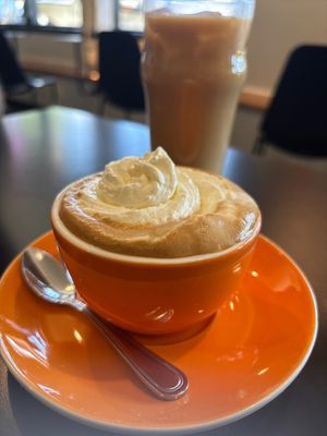 Cappuccino with vegan whipped cream and housemade hemp coconut milk. Also a New Orleans cold brew coffee with oatmilk    at Retrograde Coffee Roasters in Sebastopol