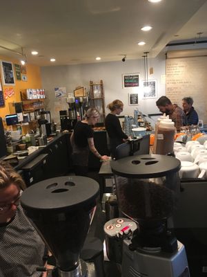 Baristas in motion at Retrograde Coffee Roasters in Sebastopol