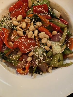 Earls ~mood lighting~ isn’t the best for food pics, but lots of veggies n’ a good sauce  at Earls Kitchen + Bar - Robson in Vancouver