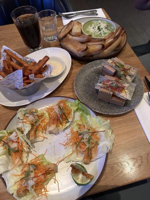 Angry tofu lettuce wraps, sushi tacos and yam fries. NOTE: spinach dip and dipping sauce for fries are not vegan  at Earls Kitchen + Bar - Robson in Vancouver