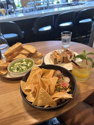 Sushi tacos and vegan street corn and avocado dip (note spinach dip is not vegan)  at Earls Kitchen + Bar - Robson in Vancouver