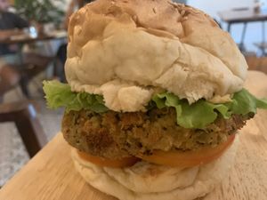 Vegan burger  at The Source Cafe in Siem Reap