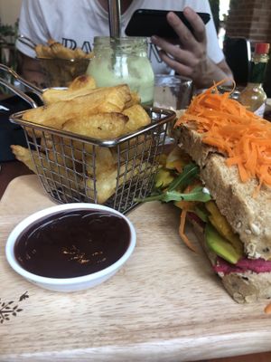 Vegan sandwich with fries  at The Source Cafe in Siem Reap