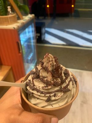 Classic Cookie dough topped with soft serve booja booja ice cream  at The After School Cookie Club in East London