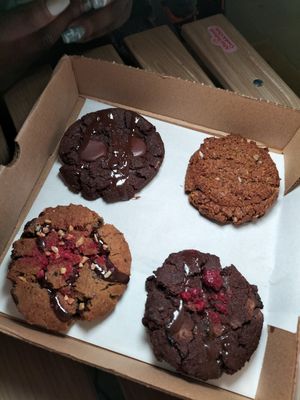 Double chocolate, pecan, peanut butter and strawberry shortcake at The After School Cookie Club in East London