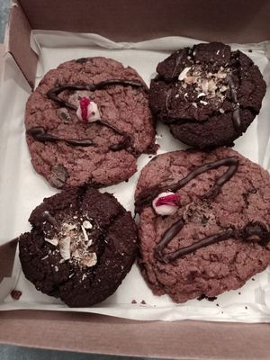 Chocolate orange bottom left and top right, strawberries & cream top left and bottom right at The After School Cookie Club in East London