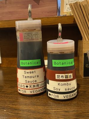 Clearly labeled vegan sauces!  at Menkui Kinya in Kyoto