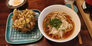 The vegetable tempura & vegan basic Udon soup (900 yen) at Menkui Kinya in Kyoto