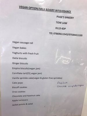 Vegan options  at Page's Bakery in Tow Law