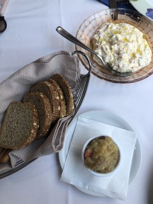 Vegan tzatziki and eggplant salad with whole barley bread  at Amaltheia in Katerini
