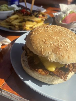 Vegan fries, italiano en pan de calabaza y vegan barros lucos  at Vegan Namaste in La Serena
