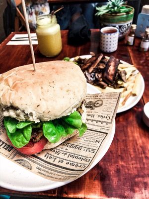 make your own burger: herbal bread, falafel, avocado at Vegan Namaste in La Serena