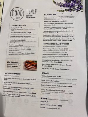 Menu when I visited during September 2021 at Webbs in Droitwich Spa