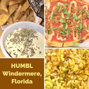 Truffle Aioli Fries, Sausage Pizza, and HUMBL bowl at HUMBL in Orlando